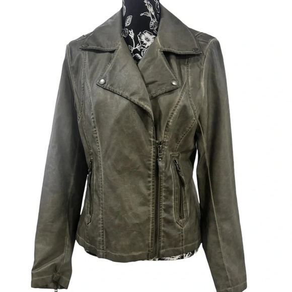 Max Studio Moto Olive Green Vegan Leather Jacket – Size Medium - Picture 1 of 13